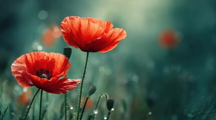 Obraz premium Two vibrant red poppies in a field, bathed in soft, ethereal light, against blurred backdrop