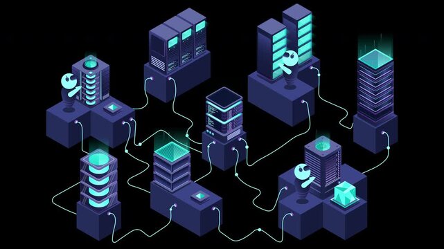 3d isometric concept big data center with server animation. Cloud computing. Network mainframe infrastructure. Isometric high technology. Transparent background with alpha channel