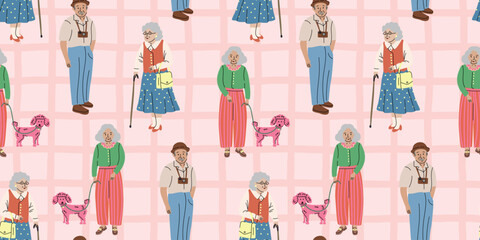 Seamless pattern with elderly people and dog in flat illustration style. Background for grandma or grandpa cards