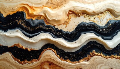 Abstract, high contrast, layered texture with gold flecks and fluid, wavy shapes resembling flowing paint or a sculpted surface