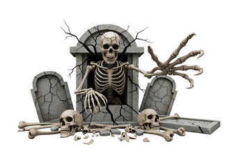 A skeleton emerges from a crumbling graveyard monument, its skeletal hand reaching out menacingly.