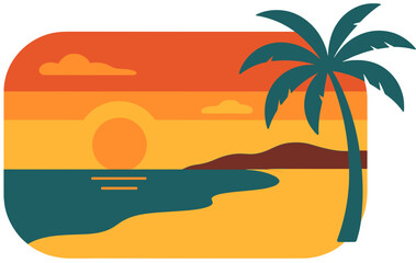 Sunset Beach with Palm Tree Vector | Tropical Vacation Illustration