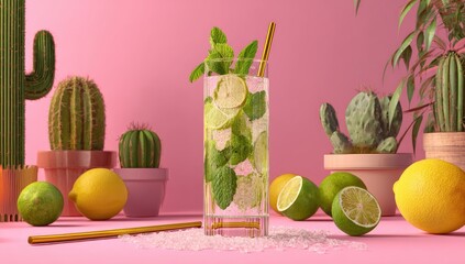 and keyword list based on the image you provided, following your instructions

 Drink Refreshing Cocktail surrounded by Plants on Pink