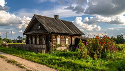 Obraz premium A rustic wooden house with flower garden & fence sits along a dirt road under a dramatic cloudy sky. Sunlight illuminates the scene