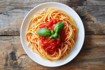 Overhead view of a plate of spaghetti topped with a simple tomato sauce and fresh basil, served on a rustic wooden table