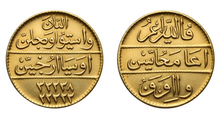 Antique gold coin with arabic inscriptions isolated on transparent background obverse and reverse of a vintage coin from the ottoman empire, turkey