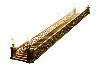 A grand, ornate staircase of gold ascends against a black backdrop, with tiny, glowing fairies fluttering gracefully along its ornate railing.