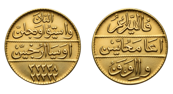 Antique gold coin with arabic inscriptions isolated on transparent background obverse and reverse of a vintage coin from the ottoman empire, turkey