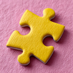 Fototapeta premium Yellow puzzle piece on a pink background, symbolizing solutions.