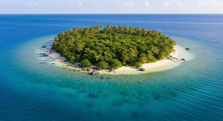 : A medium-altitude aerial drone shot of a small, lush green island surrounded by crystal-clear, deep blue ocean. The perspective should highlight the contrast between the vibrant vegetation and the e