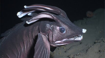 チマーラ。暗い海の深byの生物発光額の光で輝く深海のチマーラ。野生生物雑誌、保護キャンペーン、エコツーリズムのストーリーテリングのために設計された保全キャンペーン。