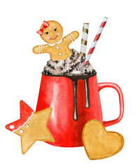 Watercolor red cup of cocoa with cream,chocolate, gingerbread man and cookie. New Year hot drink with straw isolated on white background.