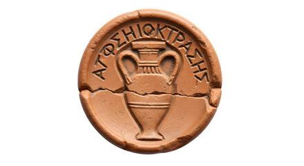 Ancient terracotta seal with greek inscription and vase design, isolated on transparent background, offering a glimpse into the artistry of bygone eras