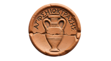 Ancient terracotta seal with greek inscription and vase design, isolated on transparent background, offering a glimpse into the artistry of bygone eras