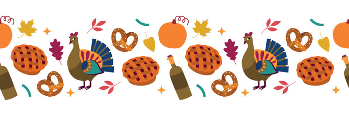 Thanksgiving seamless pattern, vector illustration. Bright bird turkey, pumpkin, wine, pie. Ideal for website backgrounds, greeting cards, holiday projects