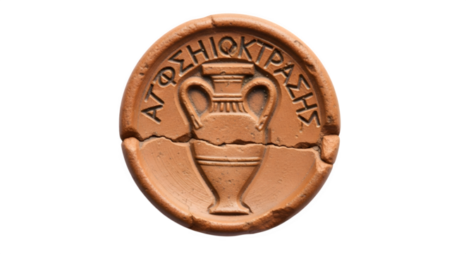 Ancient terracotta seal with greek inscription and vase design, isolated on transparent background, offering a glimpse into the artistry of bygone eras
