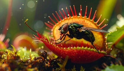 Close-up of a fly trapped in the jaws of a carnivorous Venus flytrap plant, macro photography