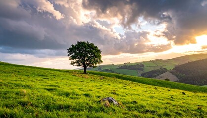 Golden sunlight breaks through dramatic clouds, illuminating a solitary oak tree on a rolling green hillside