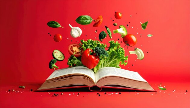 An open book with colorful vegetables like tomatoes and broccoli floating above, against a bright red background - Powered by Adobe