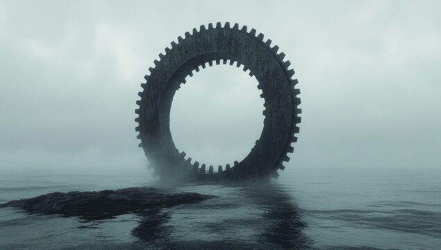 Rusty gear-shaped portal in foggy seascape