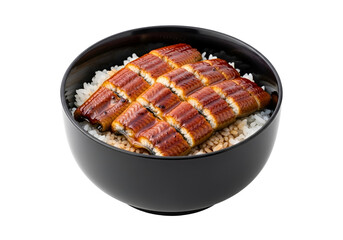 A dark bowl of grilled eel over white rice, showcasing a delicious Asian meal.