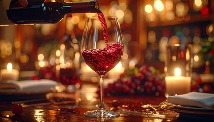 Pouring Wine into a Glass A Romantic Dinner Scene with Grapes and Candles