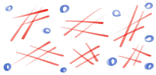 Hand drawn school scribbles with red lines and blue circles