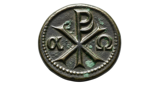 Closeup of an ancient bronze coin featuring the chirho symbol, a christian symbol, along with the greek letters alpha and omega isolated on transparent background