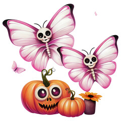 Halloween Butterfly Skeletons Two whimsical skeleton butterflies and a smiling, spooky pumpkin.