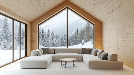 Fototapeta premium A cozy living room with panoramic snowy mountain views, showcasing a light-colored sectional sofa and wooden walls.