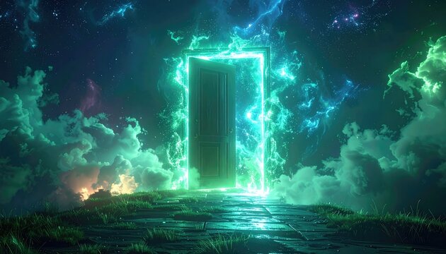 A glowing doorway stands amidst a surreal landscape, framed by vibrant green and blue energy under a starry sky, evoking mystery & fantasy