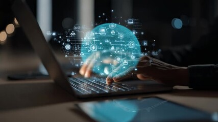 Businessman working on laptop with digital hologram of global network and business icons appearing above keyboard, showcasing concept of global business and digital transformation - Powered by Adobe