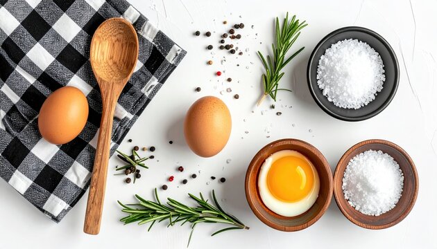 A flat lay with two eggs, wooden spoon, rosemary, salt, pepper on a checkered cloth and white background, creating a balanced composition - Powered by Adobe