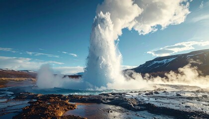 Geyser Eruption Witnessing Nature's Dynamic Display under a Brilliant Blue Sky