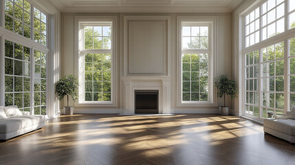 Fototapeta premium Large bright empty living room with fireplace and tall windows letting natural light in, featuring wooden floor and minimalistic white sofas creating calm and spacious atmosphere