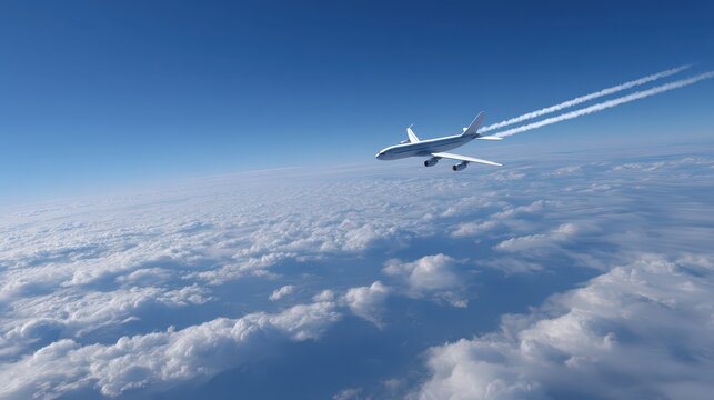 Soaring Above: An airliner ascends majestically through the sky, its contrails leaving a trail against a canvas of clouds. A scene that embodies travel and boundless exploration