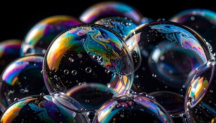Iridescent soap bubbles cluster, dark background