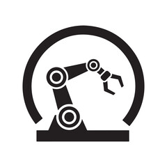 Flat Vector Industrial Robotic Arm Icon within Circular Design