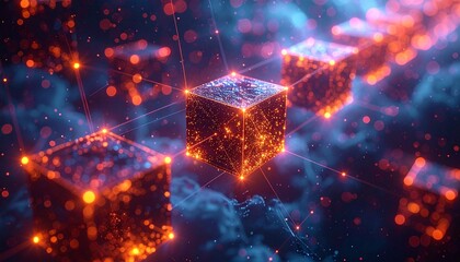 Abstract representation of blockchain technology with interconnected glowing digital blocks forming a secure data chain