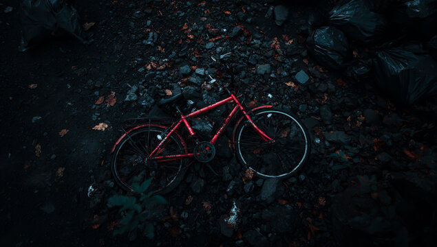 Red bicycle parked on a dark forest path surrounded by fallen leaves and foliage - Powered by Adobe