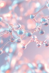 Abstract molecular structure with delicate glass like connections and soft glowing bokeh background showing science innovation.