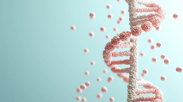 Close up of a pink and white DNA helix structure with small spheres floating around on a soft blue background.