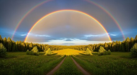 Naklejka premium Double Rainbow Over Green Field and Forest Under Cloudy Sky in Nature Scene