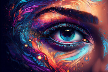 Surreal eye with glowing particles for teaching emotional depth and imaginative awareness
