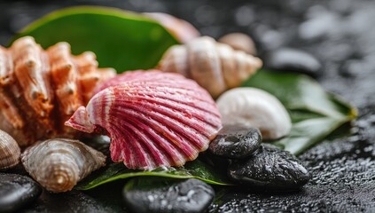 Colorful seashells and stones on dark leaves