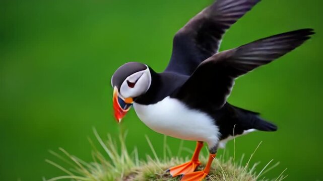 A puffin stands on a grassy cliff in Iceland, holding a fish in its beak. The vibrant green background highlights its black and white plumage and orange feet.