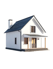 Small, white, single-story house with gray roof, chimney, porch, and dark-framed windows