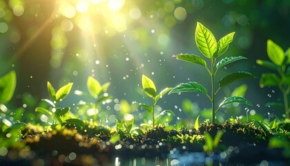 Sunlight illuminates growing green sprouts in a healthy ecosystem, symbolizing growth and renewal