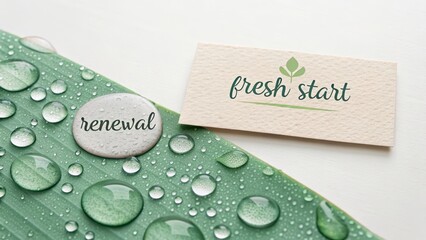 Fresh Start Concept with Renewal Message and Water Droplets on Leaf