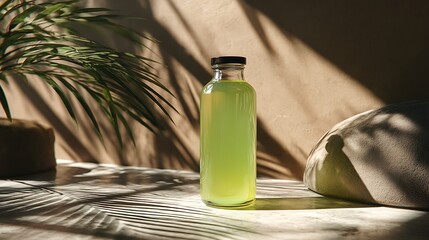 A vertical shot of a cold aloe vera drink in a bottle, set against palm shadows and a stone tabletop.